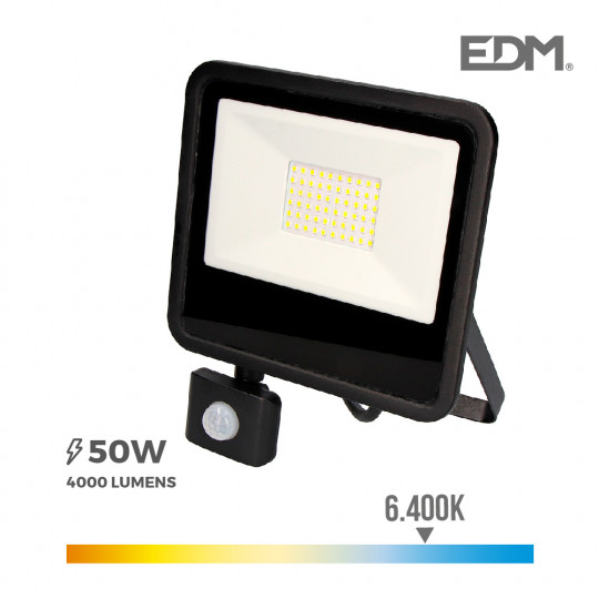 Projecteur LED à Détecteur 50W Noir Étanche IP65 4000lm (400W) - Blanc du Jour 6400K