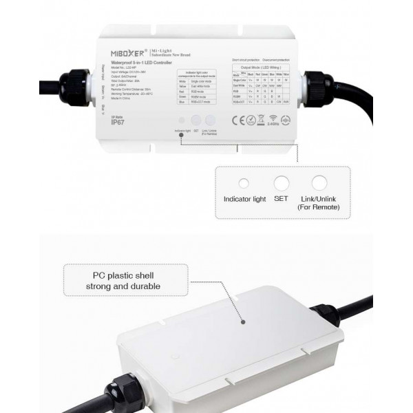 Contrôleur LED Wifi CCT RGB étanche IP67 5 en 1 DC12 pour mini spots LED