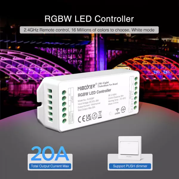 Contrôleur LED DC12/36V 10A/Ch RadioFréquence / Alexa / Google Asisstant - RGB+W 038P