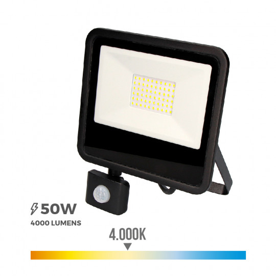 Projecteur LED à Détecteur 50W Noir étanche IP65 4000lm (400W) - Blanc Naturel 4000K