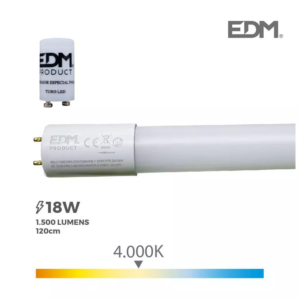 Tube neon led T8 120cm blanc neutre 4000k 18w avec starter