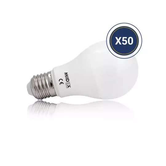 Pack de 50 Ampoules LED E27 AC220/240V 8.5W 806lm 200° IP20 Ø60mm - Blanc Chaud 3000K