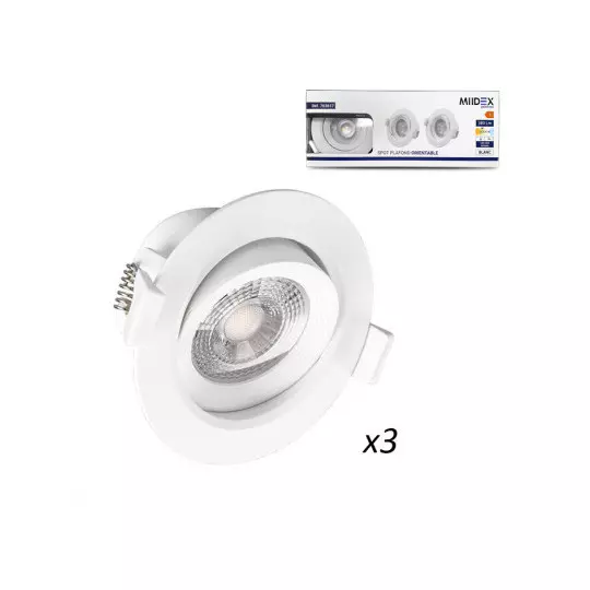 Pack de 3 Spots LED SMD Encastrable Orientable AC220/240V 5W 380lm 38° IP20 IK08 Ø90mm - Blanc Chaud 3000K perçage Ø68mm