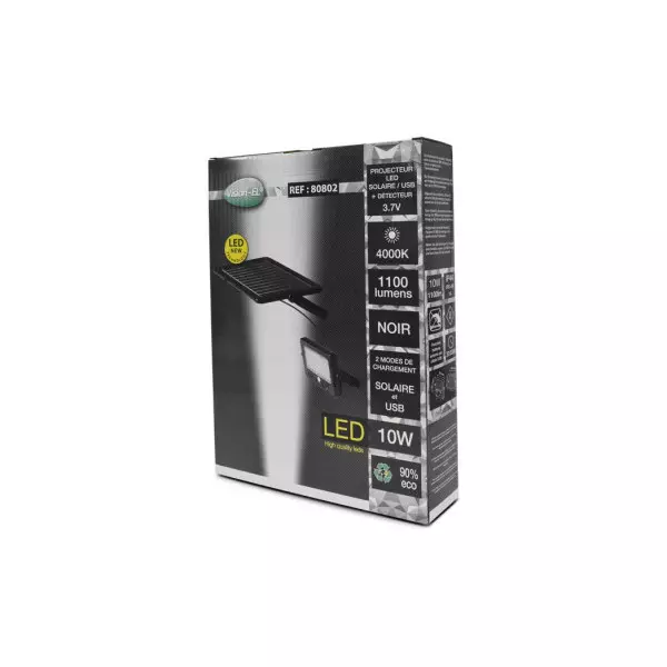 Projecteur LED Solaire avec Détecteur 6m + Chargeur USB 10W 1100lm 90° Étanche IP44 IK06 235mmx170mm - Blanc Naturel 4000K