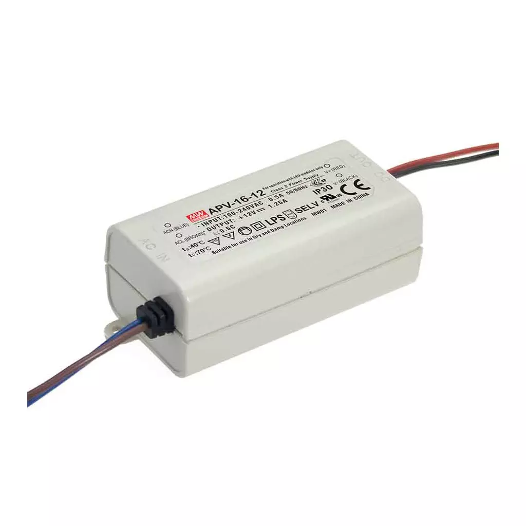 Transformateur LED 16W 90-264V à 12V DC IP20 APV-16-12 MEAN WELL - APV-16-12