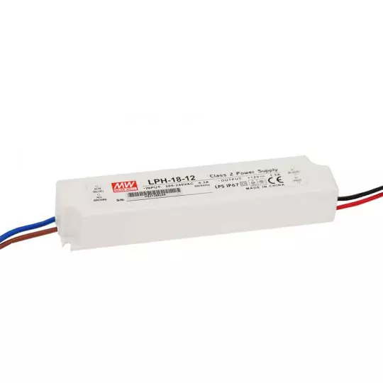 Transformateur LED 18W 180-264V à 12V DC étanche IP67 LPH-18-12 MEAN WELL - LPH-18-12