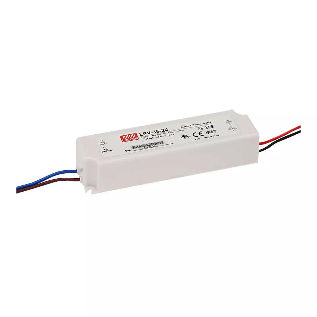Transformateur LED 35W 90-264V à 12V DC étanche IP67 LPV-35-12 MEAN WELL -  LPV-35-12