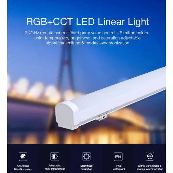 Réglette LED 18W 1900lm Étanche IP66 140° Pilotable 4/8 Zones - RGB+CCT 2700K-6500K LL1-18