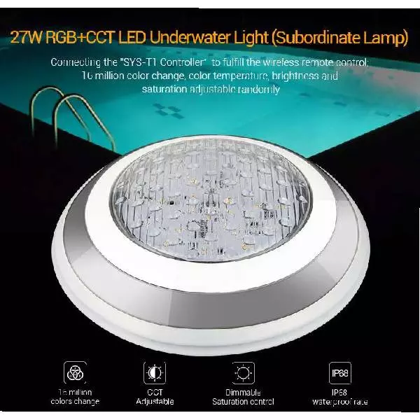 Lampe LED de piscine 27W 2300lm 160° Étanche IP68 Ø300mm RGB+CCT SYS-RW2