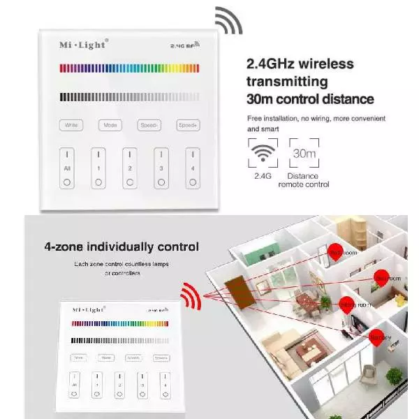 Télécommande Tactile Murale LED Dimmable RadioFréquence 4 Zones - RGB / RGBW B3