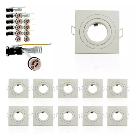 Lot de 10 Supports de plafond Support LED Encastrable orientable carré blanc perçage 80mm Blanc avec douille GU10 isolée