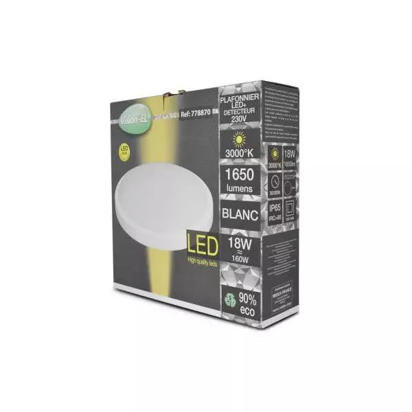 Plafonnier LED + Detecteur AC220-230V 18W 1650lm 160° Etanche IP54 IK08 Ø280mm - Blanc Chaud 3000K