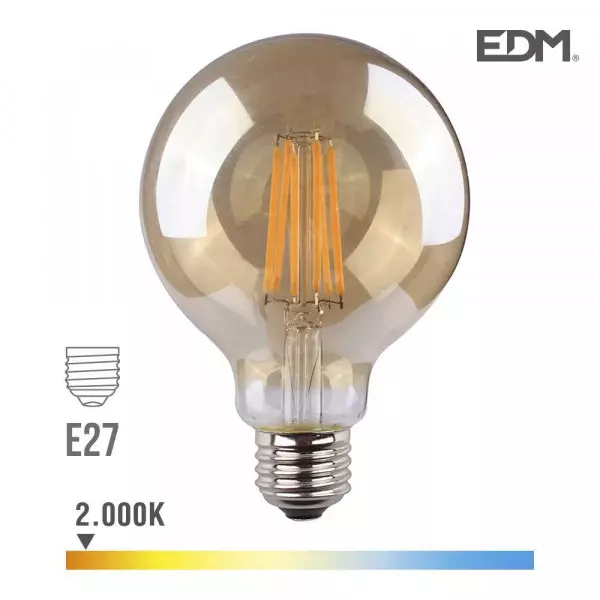 Ampoule LED E27 8W Globe G125 équivalent à 55W - Très Blanc Chaud 2000K