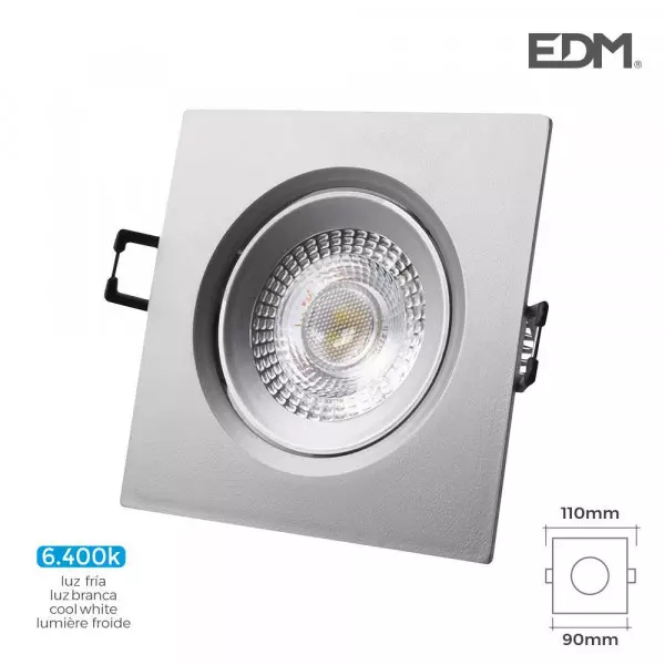 Downlight LED 5W carré 110mm Chromé - Blanc du Jour 6400K