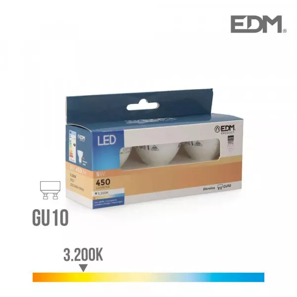 Lot de 3 Spots LED GU10 5W Dicroïque équivalent à 45W - Blanc Chaud 3200K