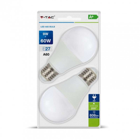 Lot De 2 Ampoules LED E27 A60 9W Sous Blister Vt-2139 Blanc Naturel 4000K