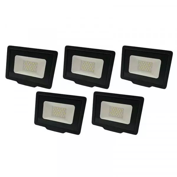 Lot de 5 Projecteurs LED Noirs 30W (200W) Étanche IP65 2400lm - Blanc du Jour 6000K