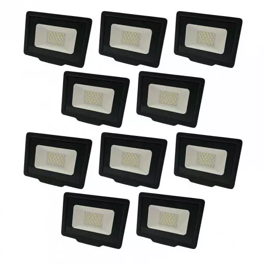 Lot de 10 Projecteurs LED Noirs 30W (200W) Étanche IP65 2400lm - Blanc du Jour 6000K