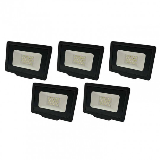 Lot de 5 Projecteurs LED Noirs 20W (100W) Étanche IP65 1600lm - Blanc du Jour 6000K