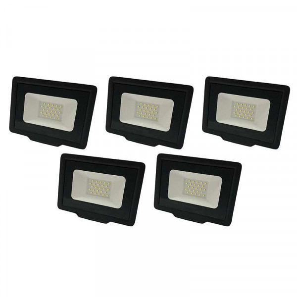 Lot de 5 Projecteurs LED Noirs 20W (100W) Étanche IP65 1600lm - Blanc Chaud 2700K