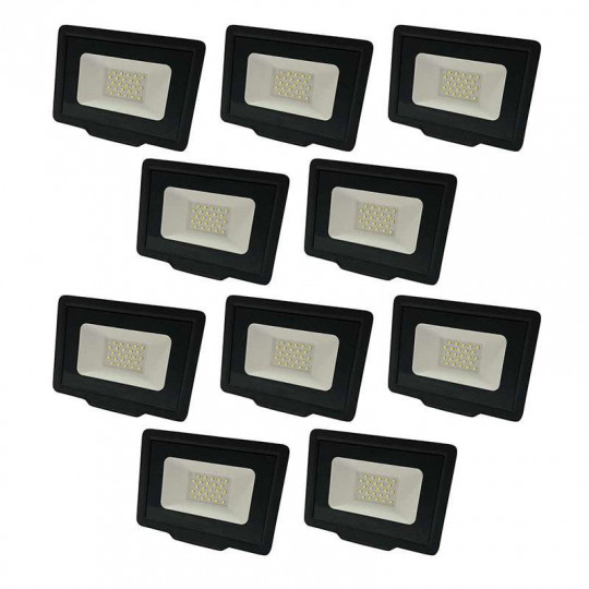 Lot de 10 Projecteurs LED 50W (250W) Noir Étanche IP65 4000lm - Blanc du Jour 6000K