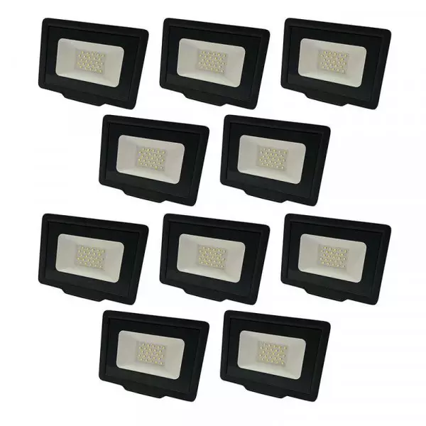 Lot de 10 Projecteurs LED 50W (250W) Noir Étanche IP65 4000lm - Blanc du Jour 6000K