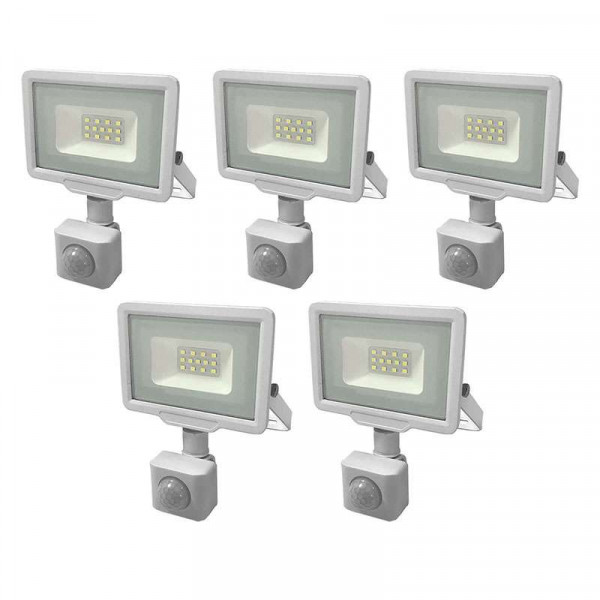 Lot de 5 Projecteurs LED Blancs 10W à Détecteur IP65 800lm - Blanc Chaud 2700K