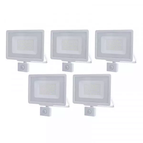 Lot de 5 Projecteurs LED Blancs 50W (250W) à Détecteur IP65 4000lm - Blanc Naturel 4500K
