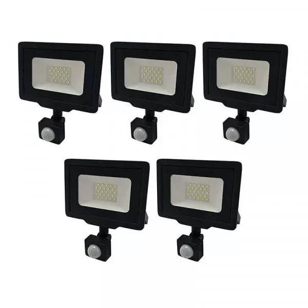 Lot de 5 Projecteurs LED Noirs 20W (100W) à Détecteur IP65 1600lm - Blanc du Jour 6000K