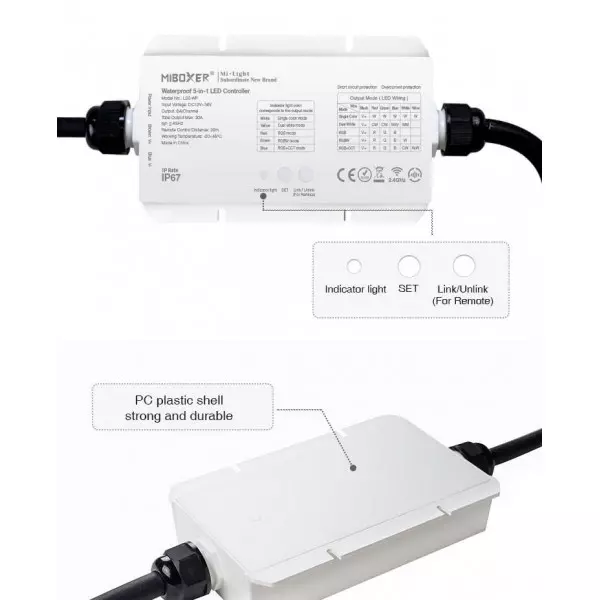 Contrôleur LED Wifi CCT RGB RGBW RGBCCT étanche IP67 5 en 1 DC12-36V